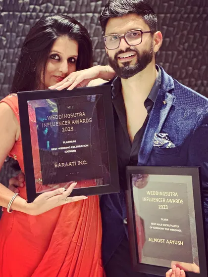 A win-win situation. Celebrating my Gold award for Best Male Emcee alongside Baraati Inc., who won for Best Wedding Celebration Design at the WeddingSutra Influencer Awards 2023.