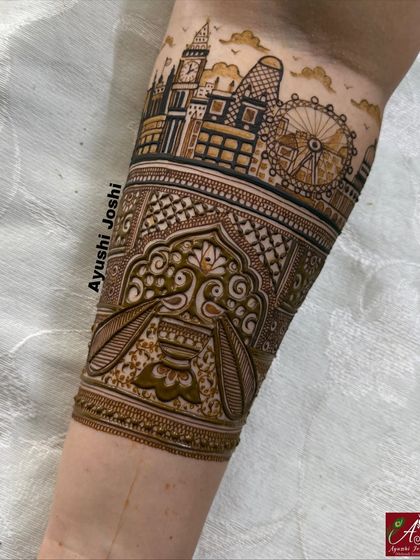 Another detailed view of the London skyline armband, showing the clean lines and shading that bring the cityscape to life in henna.