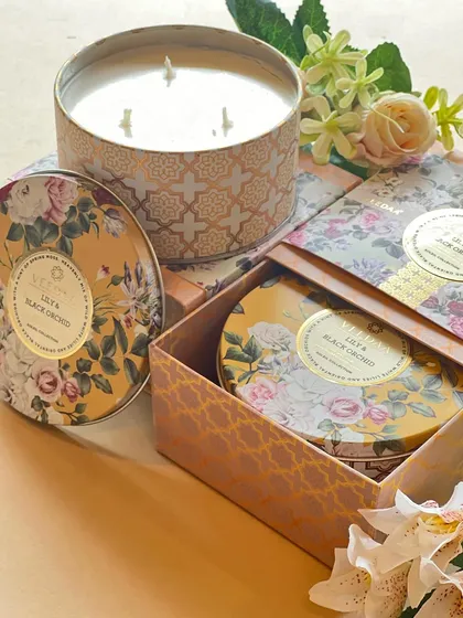 We have elevated our popular three-wick tin candles with bespoke gift boxes. This ensures that even a single candle feels like a substantial, luxurious gift, complete with beautiful packaging.