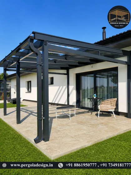 This design showcases our attention to practical details. The modern glass pergola includes an integrated gutter and downspout system, ensuring efficient rainwater management while maintaining a clean, uncluttered aesthetic.