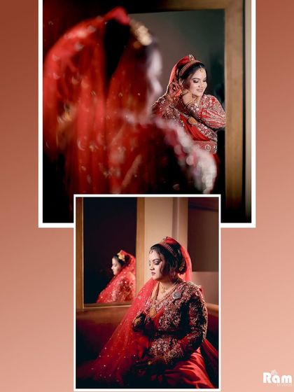 A collage of the bride's portraits using reflections, capturing her from different angles and creating a dreamy, layered look.