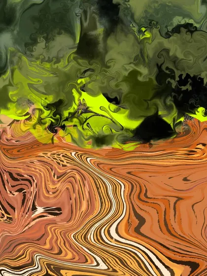 This is a piece from my 'DelicScape' series, an abstract digital landscape inspired by the Sahyadri hills. I use swirling textures and a high contrast palette of neon green and earthy orange to create a psychedelic interpretation of nature's flow.