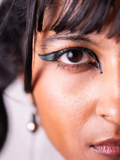 A close-up on the details of a creative makeup look I styled. This shot highlights my passion for artistic expression and my ability to work on conceptual fashion and beauty shoots.