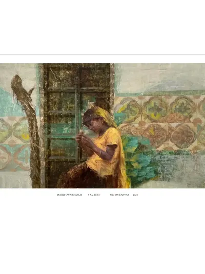 The painting "In her own search," showing a girl seated by a door, engaged in a quiet, personal task.