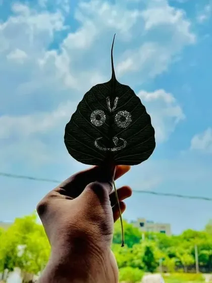 Jai Jagannath. Here is a simple yet devotional carving of Lord Jagannath's face. The dark leaf provides a beautiful contrast, making the features stand out clearly against the bright sky.