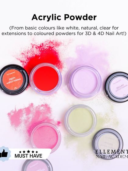Acrylic powder is a versatile must-have. It can be used for everything from basic extensions in clear and natural shades to vibrant colored powders for 3D and 4D nail art.