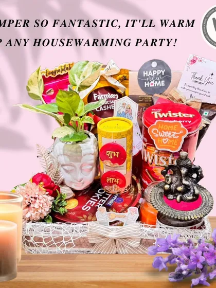 The perfect housewarming gift to bring warmth and blessings to a new home. This hamper features a live plant in a decorative pot, a Ganesha idol for good fortune, and a selection of gourmet snacks, all thoughtfully arranged in a reusable basket.