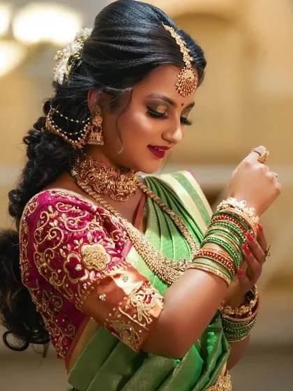 A series of photos showing a bride in a green saree with our stunning temple jewellery. The different poses highlight the choker, haram, bangles, and maang tikka.