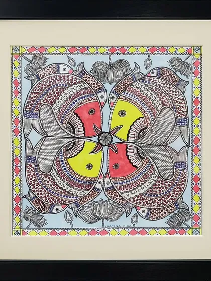 We take immense pride in keeping traditional Indian art forms alive. This vibrant Madhubani painting, with its intricate patterns and symbolic fish motifs, is a beautiful example of the rich cultural heritage you can learn to create with us.