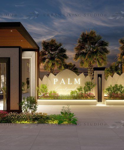 Another view of the proposed commercial entrance in Meerut. This angle highlights the layered design, with lush planters and integrated lighting creating depth and visual interest against the branded wall.