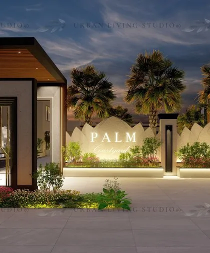 Another view of the proposed commercial entrance in Meerut. This angle highlights the layered design, with lush planters and integrated lighting creating depth and visual interest against the branded wall.