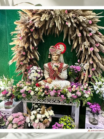 A sacred idol surrounded by a halo of pampas grass and a bed of colorful flowers. This is how I blend rustic, modern, and traditional elements to create something truly unique.