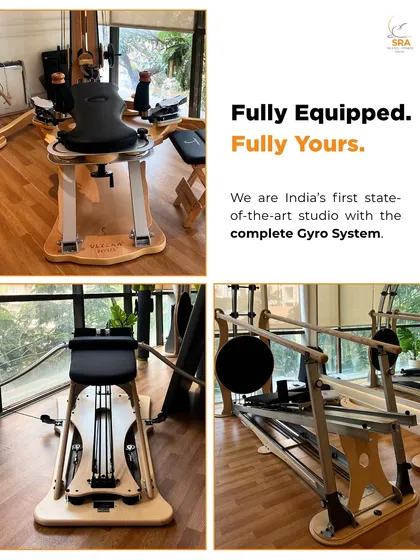 I am proud to have opened India's first studio with the complete Gyro System. This collage shows some of the specialized equipment we use, like the Gyrotonic Expansion System and the Leg Extension Unit. Having this state-of-the-art equipment allows me to offer a truly comprehensive and transformative wellness experience.