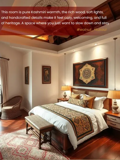 This bedroom is an ode to pure Kashmiri warmth. The design incorporates rich wood tones, soft lighting, and handcrafted details, including a stunning art piece above the bed. It’s a space designed to feel cozy, welcoming, and full of heritage.