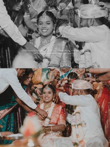 A collage capturing the joy and emotion of the Talambralu ritual, where the couple showers each other with blessed rice.