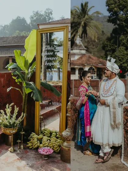 A creative shot of the couple reflected in a mirror that reads "This is where forever begins," set against the beautiful Goan scenery.