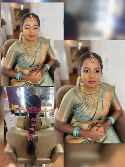 A collage showing the final look for my bride's engagement. It features her subtle makeup with a pop of colour on the lips, and a traditional braid adorned with fresh flowers.