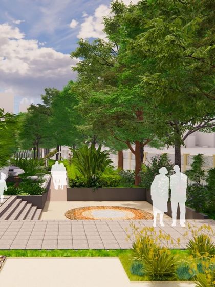 A conceptual design for a multi-level terrace in a residential complex. The plan includes a zen garden, mosaic tile details, and raised planters to create distinct zones for relaxation.