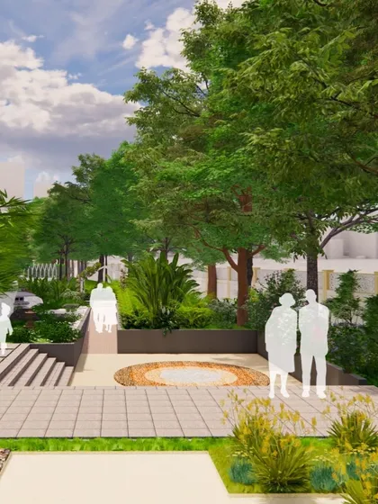 A conceptual design for a multi-level terrace in a residential complex. The plan includes a zen garden, mosaic tile details, and raised planters to create distinct zones for relaxation.
