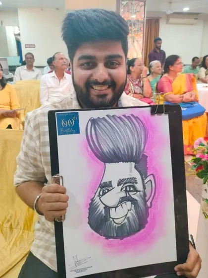 This guest's impressive hairstyle was the main feature of his caricature. It's always fun to exaggerate unique features.