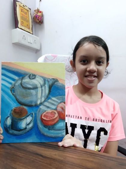 Tanisha, a 7th standard student, painted this lovely still life of a tea set. She used acrylics on canvas to achieve a high level of detail and realistic lighting.