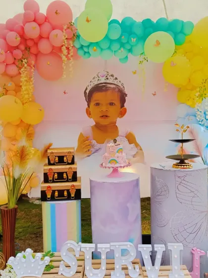 A close-up of the cake table area for Survi's outdoor party.