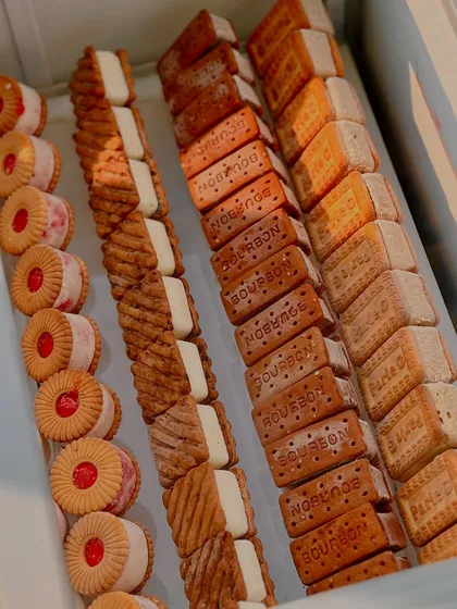 Nostalgia in a box. For this party, we created ice cream sandwiches using classic childhood biscuits like Parle-G, Bourbon, and Jim Jam.