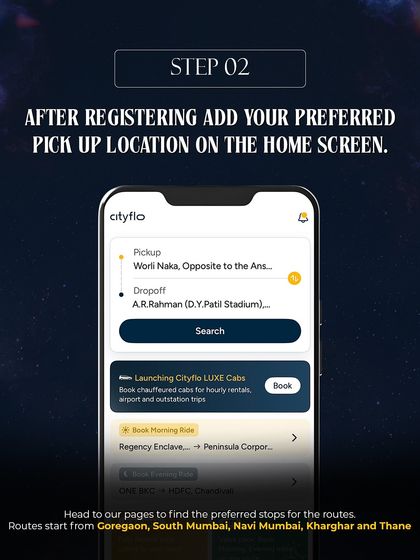 A step-by-step visual guide on how to use the Cityflo app to book your bus ride to our concert, from registration to booking confirmation.
