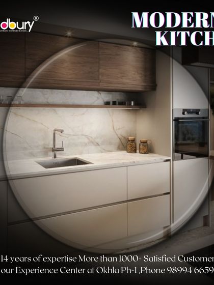 A modern kitchen design that mixes white and wood-grain cabinets. The under-shelf lighting provides excellent task lighting for the sink area.