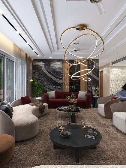 A multi-functional living space with distinct zones for seating and conversation. The color palette is a sophisticated mix of browns, beiges, and reds, with a large, curved sofa anchoring the room.