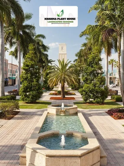 This grand public plaza features a long water fountain, symmetrical walkways, and rows of palm and evergreen trees. We design and execute large-scale beautification projects like this for smart cities and public institutions.