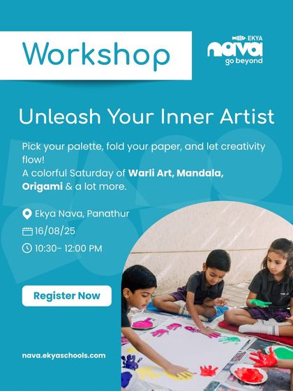 My "Unleash Your Inner Artist" workshop is a celebration of creativity. This poster shows children engaged in a large-scale painting project, inviting others to join a colorful Saturday of Warli Art, Mandala, Origami, and more.