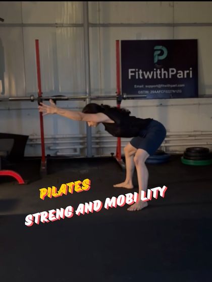 A title card for a Pilates strength and mobility routine, showing a good morning stretch to warm up the hamstrings and back.