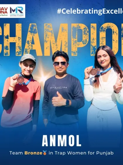 Celebrating our shooters Anmol and Addya Katyal with their coach after winning team and individual medals at the Digvijay Singh Memorial Shooting Championship.