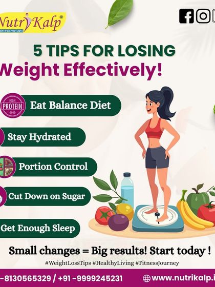 An infographic outlining 5 effective tips for weight loss. We focus on simple, powerful changes like eating a balanced diet, staying hydrated, portion control, cutting sugar, and getting enough sleep.