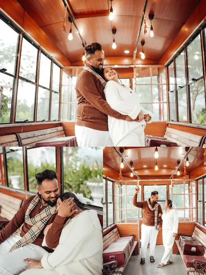 Fun, laughter, and romance inside a vintage train car. This collage shows the variety of moments we can capture in a single location. From playful interactions to quiet, loving embraces, I aim to tell a complete story within my pre-wedding photography.