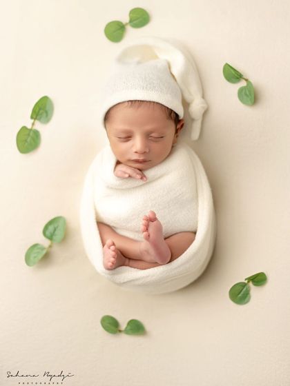 A simple and elegant portrait. This newborn is wrapped snugly, with just their tiny feet peeking out, surrounded by fresh green leaves.