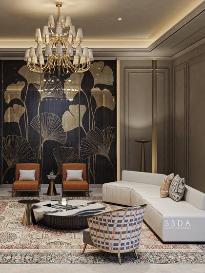 The black-and-gold ginkgo leaf mosaic wall is the centerpiece of this living room. I paired it with a curved white sofa and patterned chairs to balance its boldness with softer, contemporary forms.