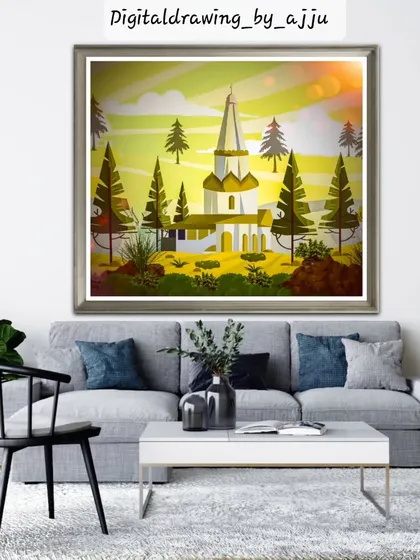 A digital illustration of a church in a peaceful, sunny landscape, displayed in a living room mockup.