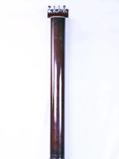 The back of a flat wooden male tanpura in the Manu Shrivastava style. The clean lines and dark polish show the quality of the wood.