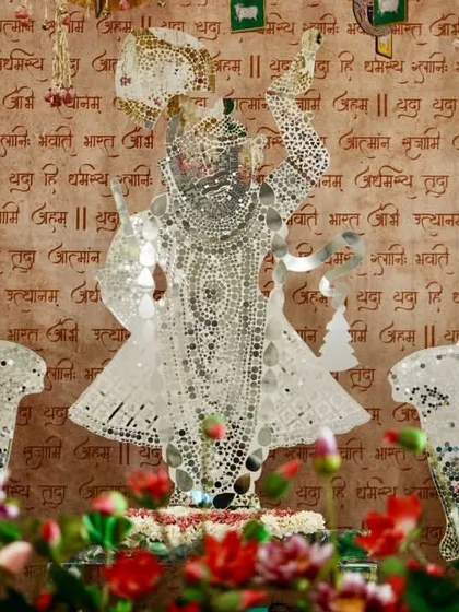 A stunning mirror-work installation of Shrinathji, created as a divine centerpiece for a Bhajan Sandhya. We love incorporating religious art into our decor in a beautiful and respectful way.