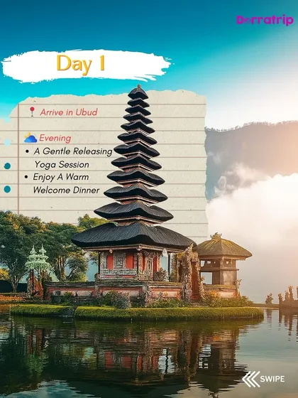 Day 1 of our Bali retreat: Arrive in Ubud, settle in, and join a gentle releasing yoga session to start the journey, followed by a warm welcome dinner.