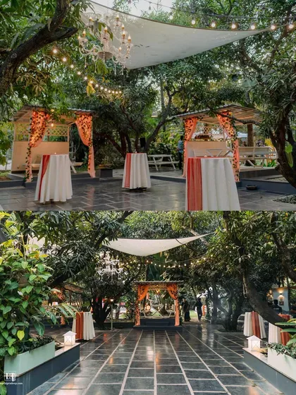 Our stone courtyard is perfect for cocktail hours or smaller functions. Here it is set up with high tables and elegant chandeliers hanging from the mango trees, creating a sophisticated yet relaxed atmosphere.