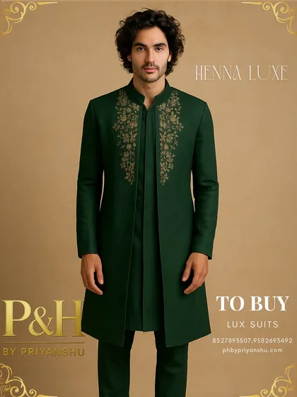 This dark green Indo-Western jacket with a front-open kurta is a sophisticated choice for a Sangeet night. The golden floral embroidery on the chest adds a touch of regal elegance.