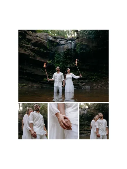 A collage showcasing a dramatic and adventurous concept shoot with torches. It captures the cinematic feel of the session, along with close-up details of their connection.