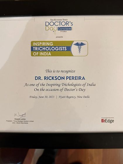 The certificate recognizing me as one of the Inspiring Trichologists of India. This award motivates me to continue striving for excellence and doing the very best for my patients.