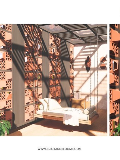 We love playing with materials and light. This design features a cozy swing bed enclosed by a wall of terracotta jali blocks, creating a private nook with beautiful, filtered sunlight.