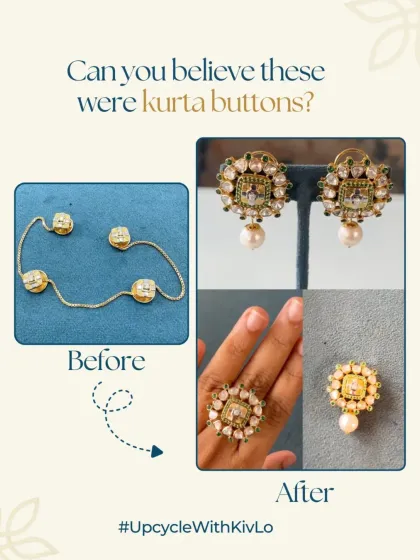 Yes, these were once kurta buttons! This is proof that any piece of old gold, no matter how small or unusual, holds the potential to become something stunning and wearable, like this set of earrings, a ring, and a pendant.
