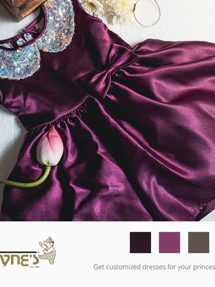 A graphic showcasing a custom purple satin dress with a sequin collar. I love working with clients to create a dress that is as unique as their princess.