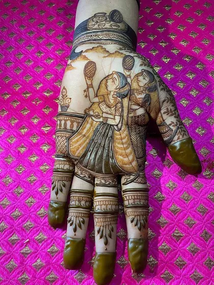 Two women celebrating Karwa Chauth together, looking at the moon. This design is for the friends and sisters who fast and celebrate together, sharing in the joy of the festival.